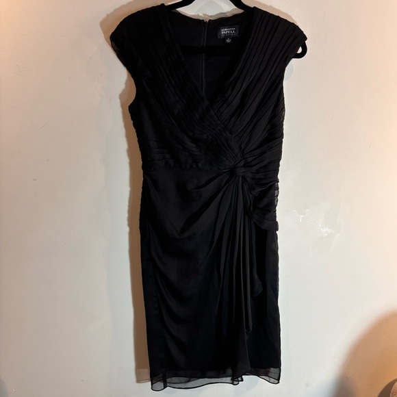 ADRIANNA PAPELL Sz 4 Sheath Midi Dress Faux Wrap Ruffles Sheer Ruching Zipper - Picture 2 of 10